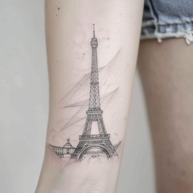 Paris tower tattoo on a leg
